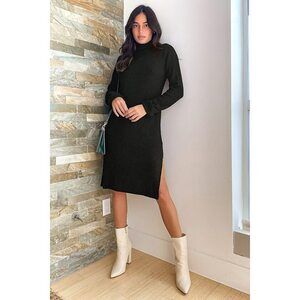 Lulus Snuggled Up Black Knit Turtleneck Midi Sweater Dress - Size S
